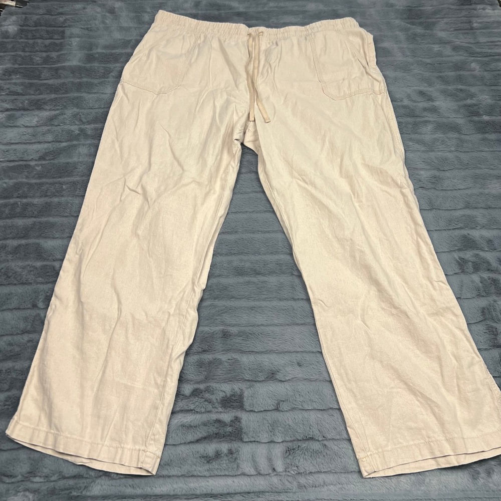 Cato Women Beige Linen Blend Wide Leg Drawstring Pants XLP Petite RN37080